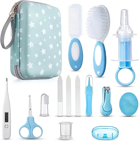 Lictin Set para Cuidado del Bebé-15 Piezas Kit de Aseo para Bebé con Cuchara de Oreja con LED Cepillo de Pelo y Peine,Cortador de Uñas Cepillo de Dientes de Dedo para Viaje y el Uso Diario (Azul Lago)  