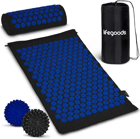 LifeGood Esterilla Acupresion - Eco - Con Cojín, Bolas de Masaje y Bolsa - Almohada - Colchoneta de Acupuntura Relajación y Alivio del Dolor - Flor de Loto - Negro & Azul  