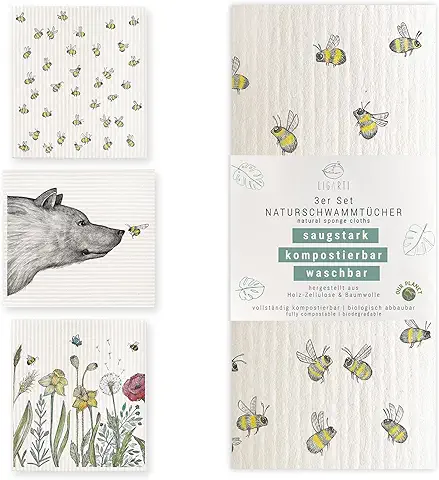 Ligarti Paños de Esponja de Madera (100 % Ecológicos y Lavables), Juego de 3 Paños de Cocina Sostenibles Compostables, Paños Multiusos para el Hogar, Fabricados en Alemania, Paños para Lavar Platos  