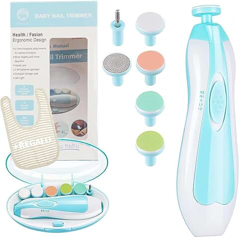 Lima de Uñas para Bebés, Cortauñas Eléctrica Niños Juego Manicura Dedos y Pies, 6 en 1 Cortador con Luz LED Mudo Operación, Cuidado del Bebé Recién Nacido + Babero Regalo (Azul)  