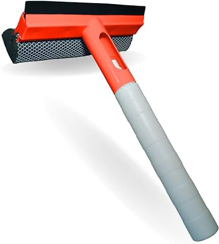 Limpia Cristales 3en1 Rasqueta de Goma+Esponja Limpiadora +depósito para Rellenar con Líquido Limpiador. Limpiacristales Multiusos para el Hogar, Coche u Oficina. (Naranja)  