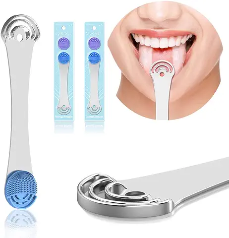 Limpiador de Lengua 2 en 1 con Cepillo de Silicona Suave, 100% Stainless Steel Tongue Scraper Tool, 2 Pieza  