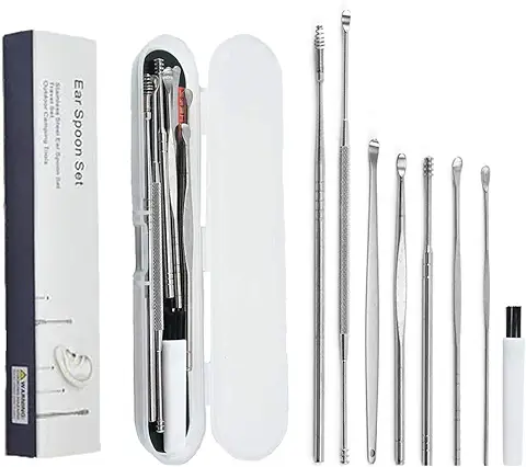 Limpiador de Oídos, 8 Peças Kit de Limpieza para Oídos, Acero Inoxidable ear Cleaner Cuchara, Herramientas de Limpieza de Oídos, con Caja de Almacenamiento, para Adolescentes y Adultos  
