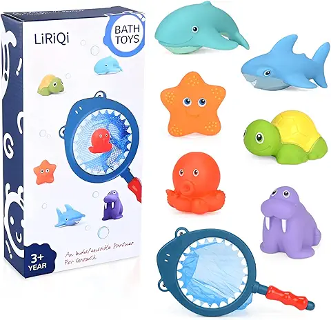 LiRiQi Juguetes Baño Bebe, Juguetes Bañera para Bebe Niños Niñas de 1 2 3 4 Año, 7 Piezas Juguetes de Natación del Flotante, Red de Pesca, Juegos de Agua Los Bebés Juguetes Educativos Piscina  