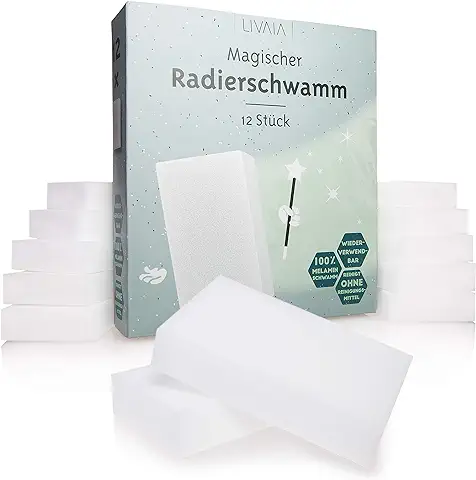 LIVAIA Esponja Mágica Quitamanchas: 12x Prácticos Borradores para Todas Las Superficies, Esponja Limpiadora Blanca para Papel Pintado, Suelos, Muebles – Esponja Mágica de Melamina – Limpiador Calzado  
