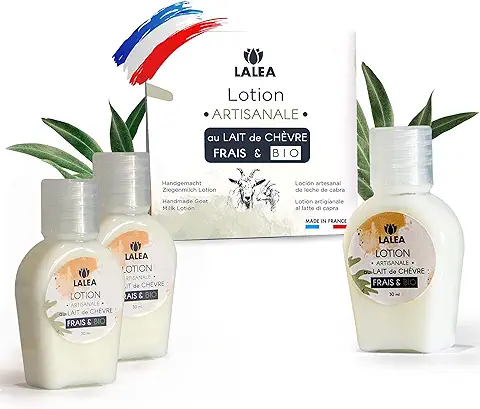 Loción de Leche de Cabra Ecológica, Loción Natural Hidratante y Nutritiva para el Cuerpo, las Manos y el Rostro, Desmaquillante Artesanal, Made in France, 3X30mL Frascos útiles para Viajar  