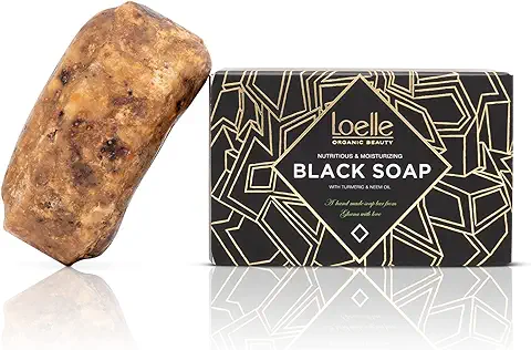 Loelle - Jabón Negro Africano Hecho Exclusivamente de Materias Primas Naturales - Barras de Jabones Sólidos Orgánicos - Ideal para el Cuerpo, la Cara y el Cabello - Pastilla Hecha en Ghana 150g  