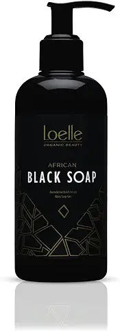 Loelle - Jabón Negro Líquido Hecho Exclusivamente con Materias Primas Naturales - Jabones Orgánicos - Ideal para el Cuerpo, la Cara y el Cabello - Pastilla Hecha en Ghana (250ml)  