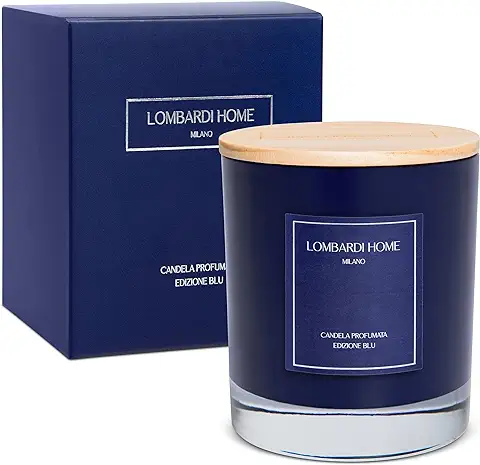 Lombardi Home - Vela Aromática de White Tea en Vaso de Cristal Azul Navy con Tapa de Madera Grabada, Vela Perfumada Vegana y Ecológica con Cera de Soja, Regalo Vela Decorativa Grande  