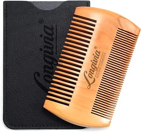 Longivia® Peine Barba Hombre 100% Madera de Peral Ecológica Peine Madera para Arreglo y Cuidado de Barba y Bigote - Accesorio Barberia Antiestático - Estuche de Cuero Sintético  