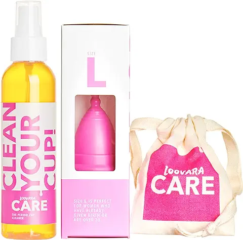 Loovara Set de Copa Menstrual Talla L con Detergente Esterilizador y Bolsa | 100% Natural y Vegano | Taza de Goma de Comercio Justo Sin Silicona Reutilizable Suave | 150ml Spray Bio Sanitizante  