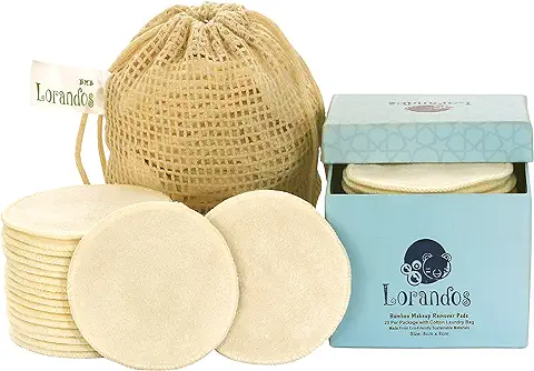 Lorandos Almohadillas Desmaquillantes Reutilizables (paquete de 20 Unidades con Bolsa de Lavandería Lavable), Almohadilla Redonda de Algodón de Bambú Orgánico con caja de Almacenamiento de Regalo,  