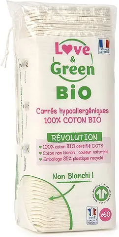 Love & Green - Almohadillas de Algodón Cuadradas, 1 Paquete con 60 Unidades  