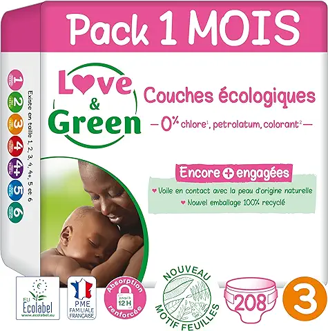 Love & Green - Pañales Saludables y Ecológicos para Bebés - Talla 3 (4-9 kg) - Pack de 1 Mes (208 Pañales) - Absorbentes, Anti-fugas y sin Ingredientes Indeseables  