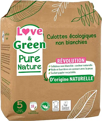 Love & Green Pure Nature – Bragas Ecológicas sin Blanquear – Certificado Ecolabel – Talla 5 (12 a 18 Kilos) x 18  
