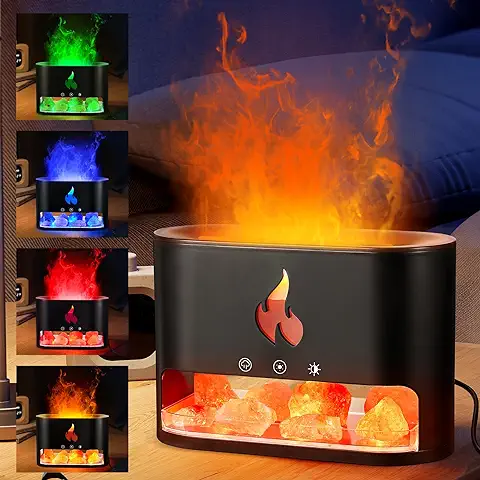 Luckits Difusor Aceites Esenciales con Efecto Llama, Súper Silencioso Humidificador Lámpara de Sal del Himalaya Natural, Aceites Esenciales con 7 Colores de Luces LED Difusor de Aromas para Hogar  