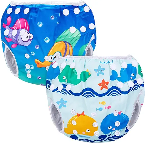 Luxja Pañal de Natación para Bebes Bañador Reutilizable de Nadar de Bebé Pañal Lavable para Bebé (0-3 Años), Ballenas + Peces  