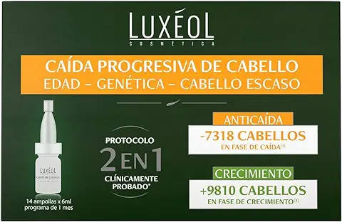 LUXÉOL - Serum Caída Progresiva De Cabello 2 en 1 - Favorece Anticaída Y Crecimiento Pelo - Clínicamente Probado - 98% Ingredientes De Origen Natural - Unisex - Programa de 1 mês - 14 Ampollas (6ml)  