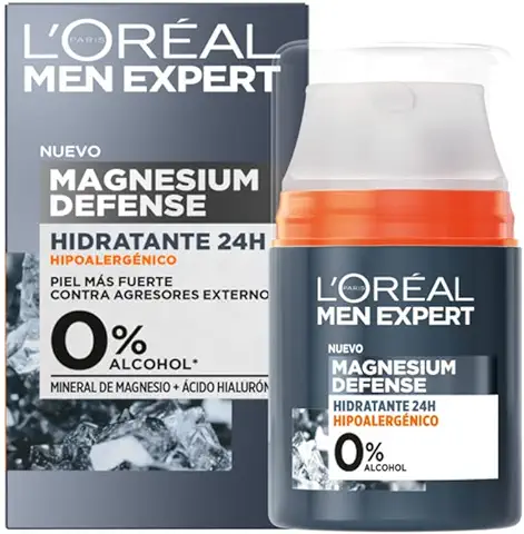 L'Oréal Men Expert, Crema Facial Hidratante 24H Para Hombre, Hipoalergénica Mineral de Magnesio + Ácido Hialurónico, Sin Alcohol, Pieles Sensibles, 50 ml  
