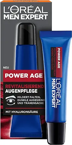 L'Oréal Paris Men Expert Crema de ojos Antiedad para Hombres, Cuidado de ojos con ácido Hialurónico, Adecuada para Pieles Cansadas y Mate, Power Age, 1 x 15 ml  