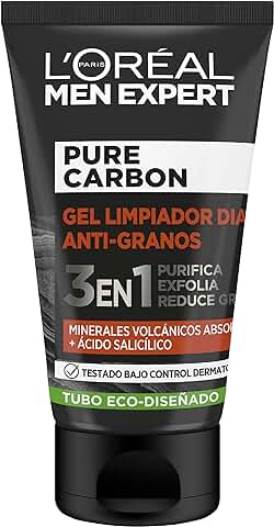 L'Oréal Paris Men Expert Gel Antigranos 3 en 1 Pure Carbon, Purifica, Exfolia y Reduce Granos, Con Minerales Volcánicos y Ácido Salicílico, 100 ml