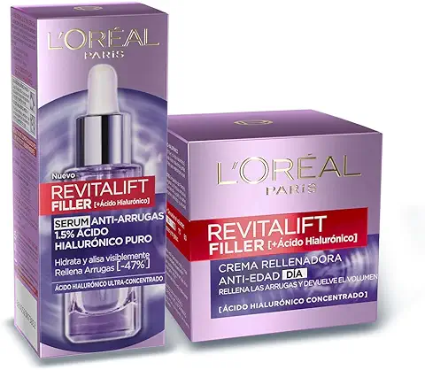 L'Oréal Paris, Set de Sérum Antiarrugas + Crema de Día, con Ácido Hialurónico Puro Revitalift Filler, Suero y Crema Facial Antiarrugas, Pieles Maduras, 30 ml + 50 ml  