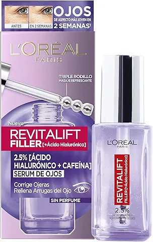 L'Oreal Paris Dermo Expertise Revitalift Filler Sérum de Ojos con Ácido Hialurónico y Cafeína, Rellena Arrugas y Corrige Ojeras, Triple Roll-on, 20 ml (Paquete de 1)  