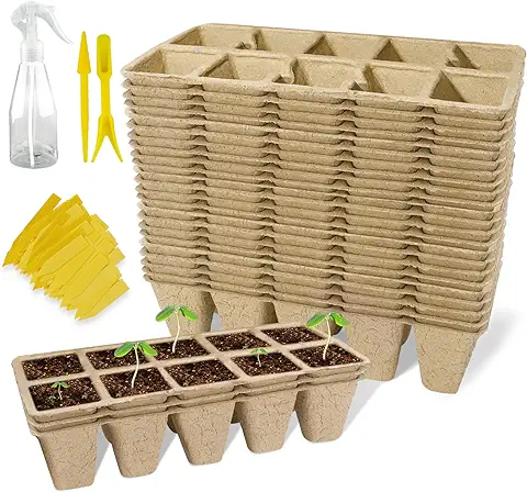 LYFETC Lote de 200 Semilleros Biodegradables 20Pcs*10Zellen Macetas Biodegradables con 200 Etiquetas para Plantas 1 Herramientas de Jardinería 1 Botellas Spray  