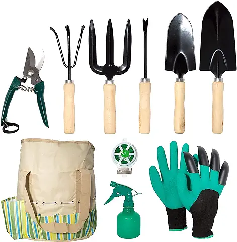 Lyndeluxe Herramienta de Jardín 10Pcs, Kit de Jardinería con Bolsa de Almacenamiento, Herramientas de Plantación Masculinas/Femeninas de Alta Resistencia  