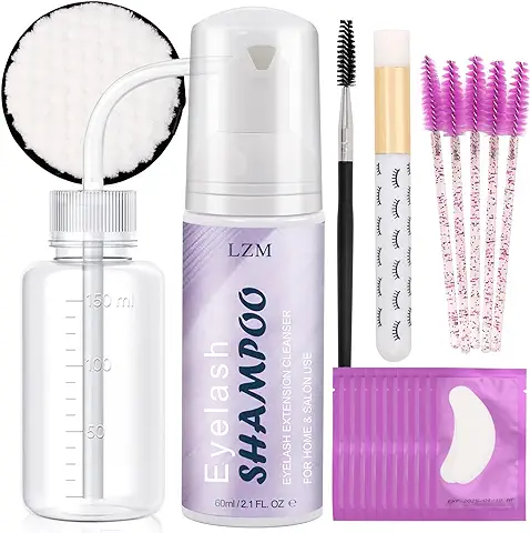 LZM ChampÚ Para Pestañas ChampÚ Limpiador De Espuma De Pestañas 60ML Frasco Con Aclarado + Cepillo Limpiador + 10 Pares Almohadilla Pestañas + Almohadilla De Maquillaje Lash Shampoo Set  