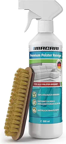 Macari 500 ml Limpiador Premium Tapicerías Sofá y Coche. Limpiador Sostenible de Sofás, Sillones, Colchones, Alfombras, Asientos de Coche y Textiles Incl. Cepillo para Tapicerías Todo en un Set.  