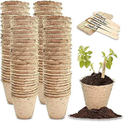 Macetas Redondas de Fibra Biodegradable para Plantar, Macetas Grandes de Fibra para Decoración, Macetas de Semillas para Interior y Exterior y con Palitos de Madera para Etiquetar - (Paquete de 100)  
