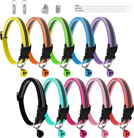Magrimaxio 10 Piezas Collar Gato Personalizado Antiahogo, 19-32CM Collares para Gatos con Cascabeles y Hebilla, Collar para Gatos con Placa, Collar Gato Pequeño Reflectante, Collar de Gato con Chapa  