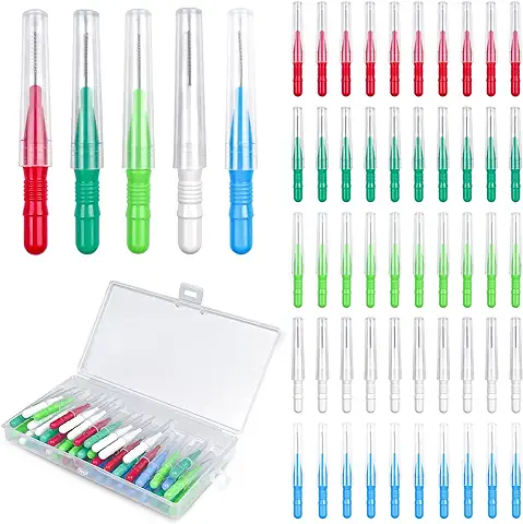Magrimaxio 50 Piezas Cepillos Interdentales 5 Colores, Cepillo Interdental Reutilizable con Caja de Almacenamiento, Cepillo de Cerdas únicas Herramienta de Limpieza de Dientes para Higiene Interdental  