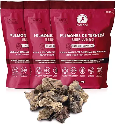 MAIKAI Chuches para Perros - Premios para Perros Cachorros - Naturales 100% - Pulmones de Ternera Deshidratados (3 Bolsas x 80 g) Snacks y Premios Saludables - Dieta Barf - Recompensas  