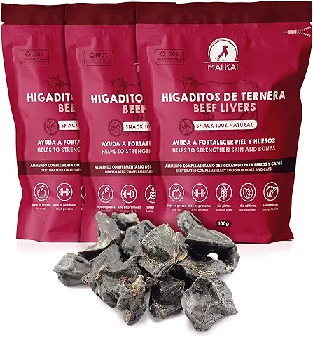 MAIKAI Chuches para Perros - Premios para Perros - Chuches para Cachorros - Snacks 100% Naturales - Dieta Barf - Higaditos de Ternera Deshidratados (3 x 100 g)  