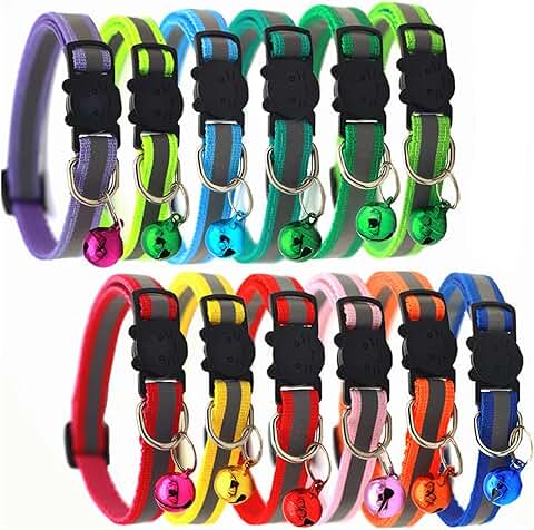 MAIYADUO 12 Collares de Gato de Liberación Rápida Reflectantes de Seguridad de Nailon con Campana de 20 a 30 cm  