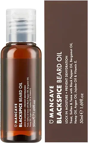 ManCave Aceite de Barba Hombre Blackspice, 50 ml - Aceite de Argán, Bergamota y Cáñamo para Cuidado Barba Hombre – Aceite para Barba 99% Natural, Vegano - Estimula la Densidad y Crecimiento Barba  