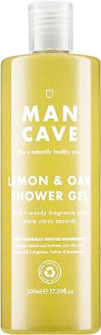 ManCave Gel de Ducha de Limón y Roble, 500 ml – Gel de Ducha Hombre de Duradero Aroma Refrescante con Aceite de Limón, L-Arginina y Aloe Vera – Gel de Baño de Formula Natural, Sin Sulfatos, Vegano  