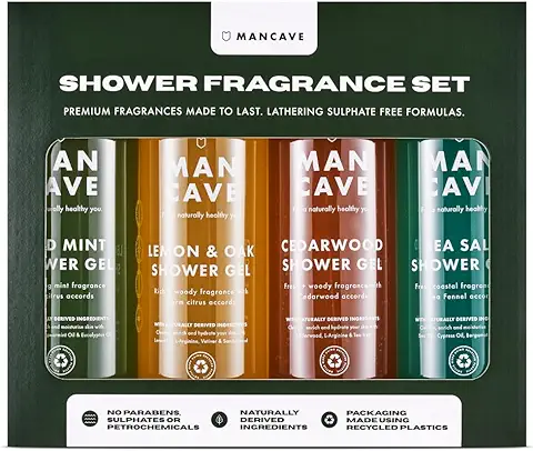 ManCave Set de Regalo Hombre – Set de Baño con 4 Geles de Ducha, 500 ml - Geles de Baño Naturales, Veganos, Sin Sulfatos - Menta Salvaje, Limón y Roble, Cedro y Sal Marina  