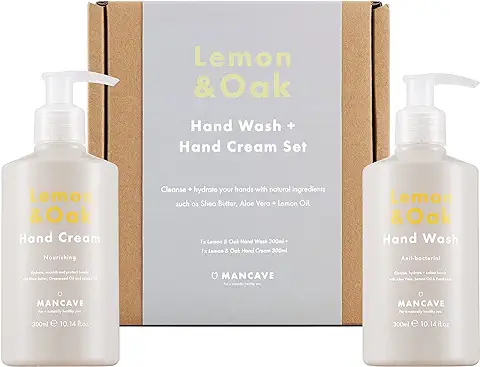 ManCave Set Regalo Hombre para el Cuidado de Manos de Limón y Roble – Set de Baño con Jabón de Manos y Crema de Manos con Propiedades Antibacterianas – Regalo para Hombre de Fórmula Natural, Vegana  