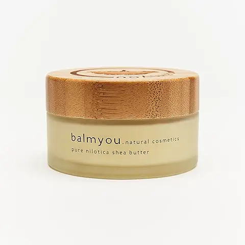 Manteca de Karité Nilótica pura de Balmyou en Tarro de Cristal de 100 ml con tapa de Bambú y Certificación de Cosmética Natural de Uganda, sin Refinar, Prensada en Frío, Vegana y sin Aditivos  