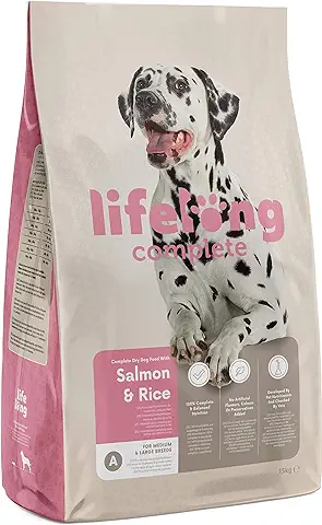 Marca Amazon - Lifelong - Alimento seco Completo para Perros Adultos con Salmón y Arroz, 15 kg (Paquete de 1)  