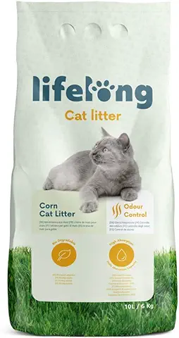 Marca Amazon - Lifelong Arena Aglomerante de Maíz para Gatos, Sin Fragancia, 10L (Paquete de 1)  