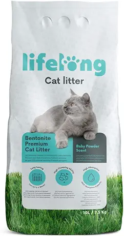 Marca Amazon - Lifelong Arena de Bentonita para Gatos, Premium con Perfume de Talco, 10L, Paquete de 1  