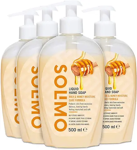 Marca Amazon - Solimo Jabón Líquido para Manos. Fórmula Cuidado Hidratante a la Leche y Miel- Paquete de 4 (4 Botellas x 500ml)  