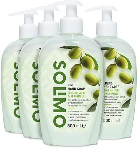 Marca Amazon - Solimo Jabón Líquido para Manos. Fórmula Hidratante de Oliva- Paquete de 4 (4 Botellas x 500ml)  