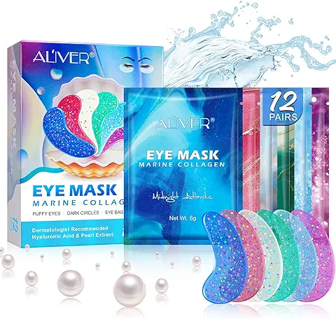 Mascara Para Los Ojos De Colágeno, Parches Ojos Bolsas y Ojeras Reducción de Arrugas Bolsas Oculares Ojeras Gel Ocular de Colágeno Marino Natural para Hidratación Facial 12 Pares  