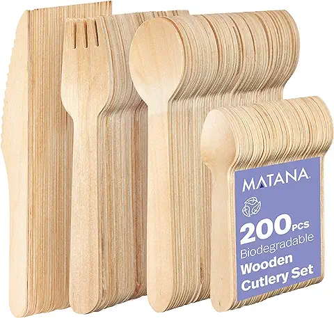 MATANA - 200 Cubiertos de Madera - Cucharas, Cuchillos y Tenedores de Madera - Cubiertos Desechable, Ecológicos y Biodegradables - 100% Natural  