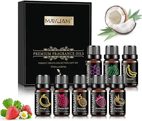 MAYJAM Fruta Aceites Esenciales de Juego 8 x 10 ML, Aceite de Fragancias para Velas Dispersas, Mango, Pasión, Fresa, Sandía, Coco, Piña, Plátano, Uva  